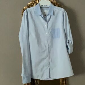 MNG by Mango White Blue Pinstripe Button Shirt Blouse Sz 8